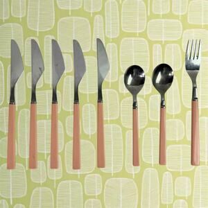 VTG Set of 8 Stainless Flatware Pink Plastic Handle Japan Knives Tea Spoon Forks